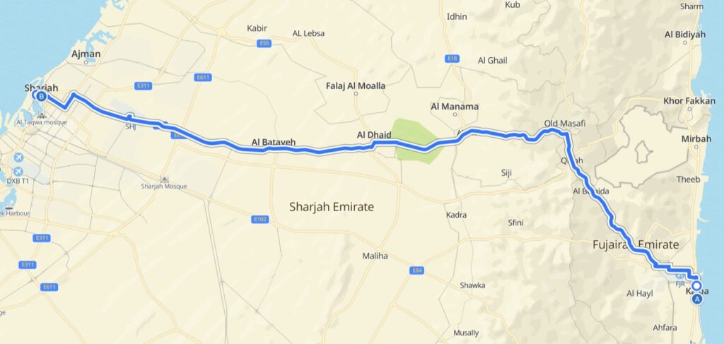 Kalba To Sharjah Route Map